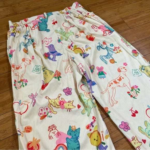 Cider Cream Wide-Leg Pants with Multicolor Fun Pet and Fruit Print - Picture 14 of 15